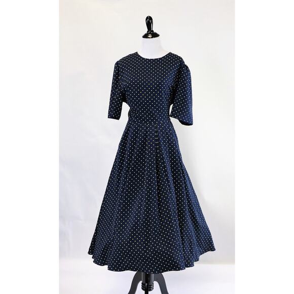 Vintage Navy Dress with Yellow Polka Dots, Full Skirt and Pockets Medium - Picture 3 of 10